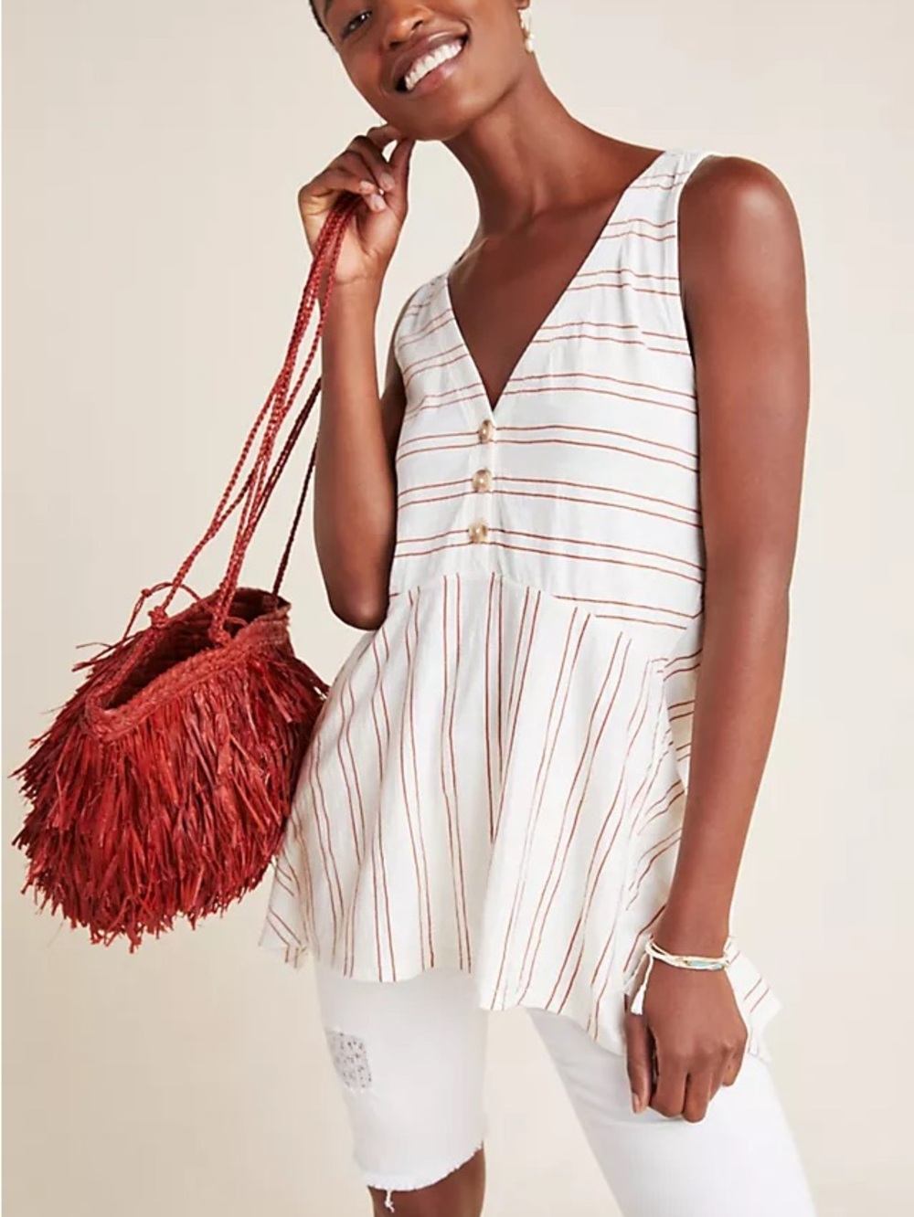 Maeve Anthropologie Cotton Tunic Tank Blouse Striped Peplum Swing Rust Coastal M